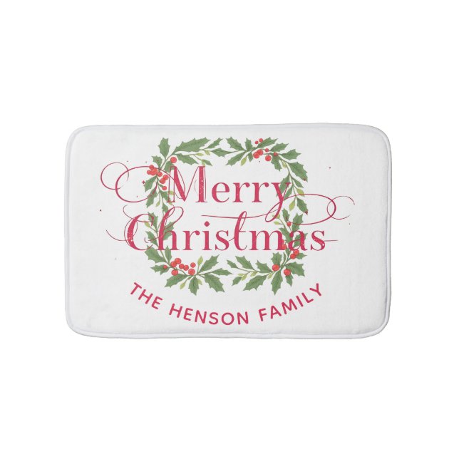 Merry Christmas Holly Berry Wreath Family Bath Mat (Front)