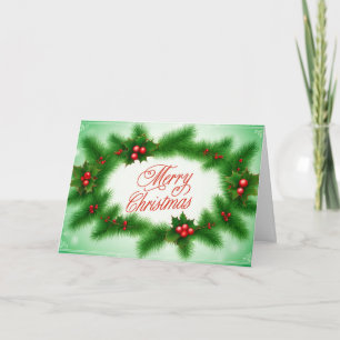 Merry Christmas Holly Berry Wreath Holiday Card