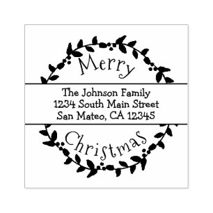 Merry Christmas Holly Berry Wreath Return Address Rubber Stamp