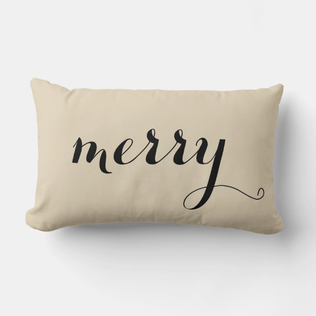 Merry Christmas Holly Black Script Beige Holiday Lumbar Cushion (Front)