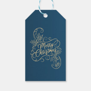 Merry Christmas Holly Blue Greeting Holiday Gift Tags
