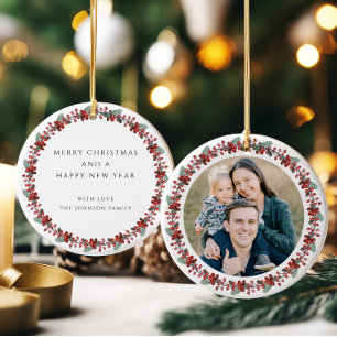 Merry Christmas Holly Botanical Photo Ceramic Tree Decoration