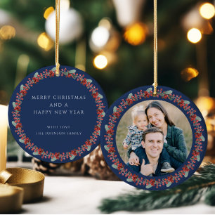 Merry Christmas Holly Botanical Photo Ceramic Tree Decoration