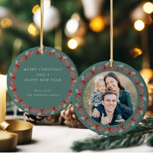 Merry Christmas Holly Botanical Photo Ceramic Tree Decoration