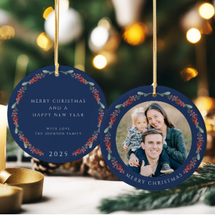 Merry Christmas Holly Botanical Photo Ceramic Tree Decoration