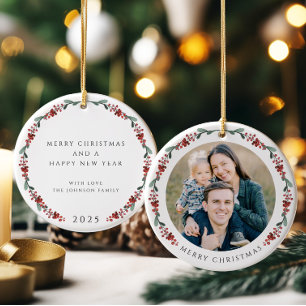 Merry Christmas Holly Botanical Photo Ceramic Tree Decoration