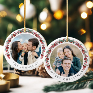 Merry Christmas Holly Botanical Photo Ceramic Tree Decoration