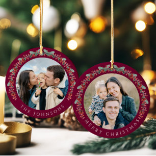 Merry Christmas Holly Botanical Photo Ceramic Tree Decoration