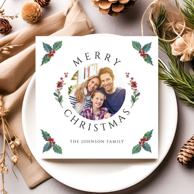 Merry Christmas Holly Botanical Photo Holiday Card (Merry Christmas Holly Botanical Photo Holiday Card)