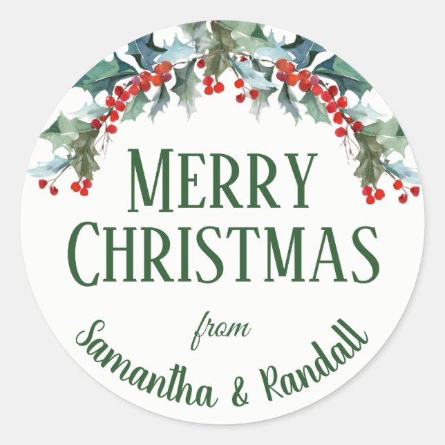 Merry Christmas Holly Branches and Your Name Classic Round Sticker (Front)