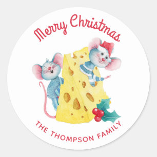 Merry Christmas Holly Cheese Mice Personalised Classic Round Sticker