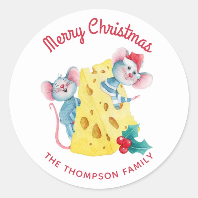 Merry Christmas Holly Cheese Mice Personalised Classic Round Sticker (Front)