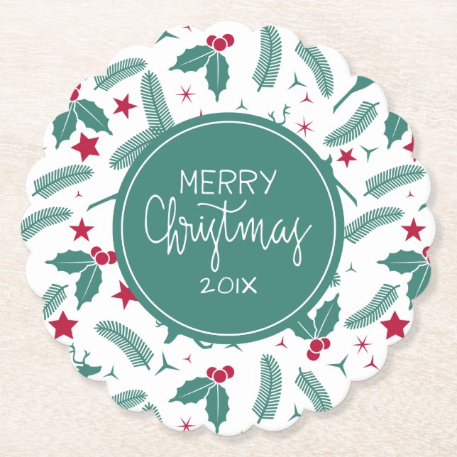 Merry Christmas Holly & Deers Pattern Paper Coaster (Front)