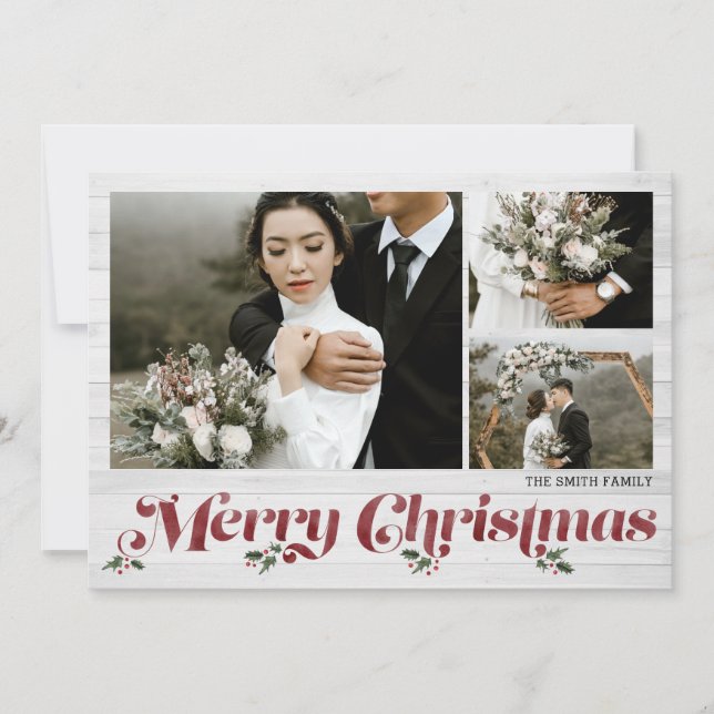 Merry Christmas Holly Family Married Kids Photos Holiday Card (Front)
