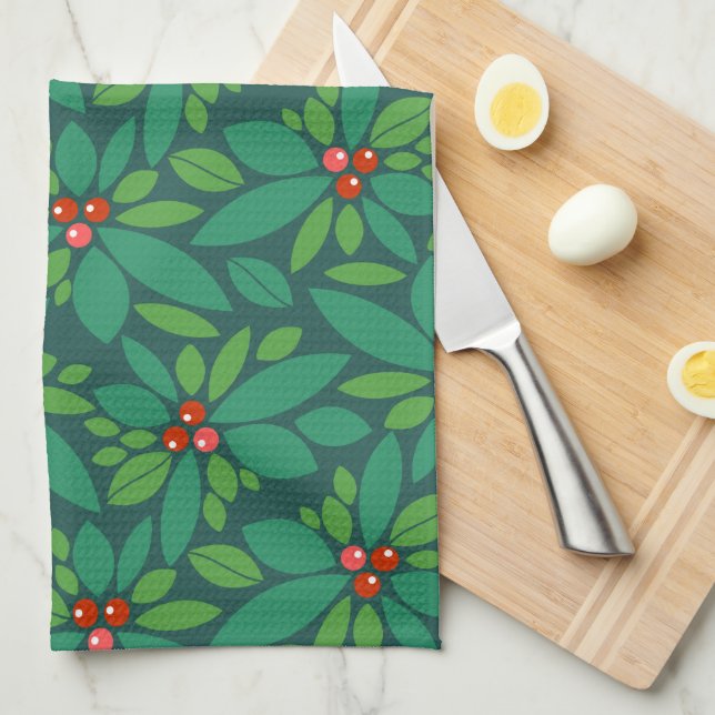 Merry Christmas Holly Floral Pattern Tea Towel (Quarter Fold)