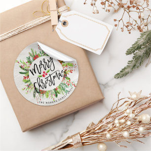 Merry Christmas Holly Floral Wreath Holiday Wishes Classic Round Sticker