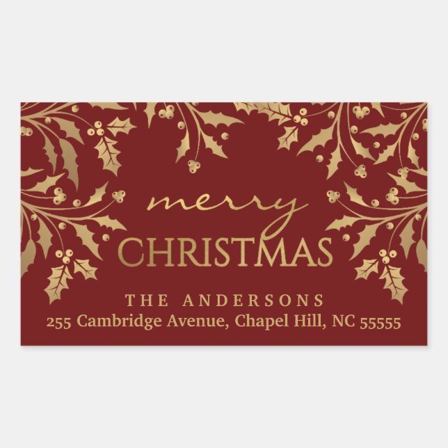 Merry Christmas Holly Gold Faux Foil Address Rectangular Sticker (Front)