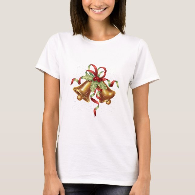 Merry Christmas Holly Golden Bell Red Bow T-Shirt (Front)