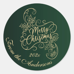 Merry Christmas Holly Green Greeting Holiday Classic Round Sticker