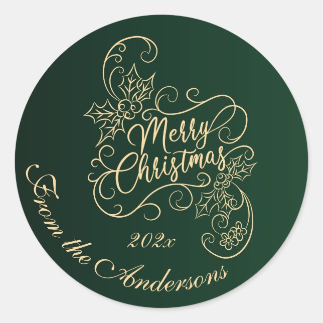 Merry Christmas Holly Green Greeting Holiday Classic Round Sticker (Front)