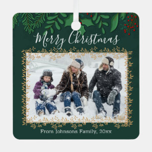 merry christmas holly greenery holiday photo green metal tree decoration