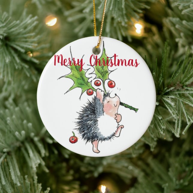 Merry Christmas Holly Hedgehog Ceramic Tree Decoration (Tree)