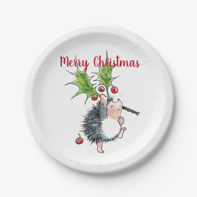 Merry Christmas Holly Hedgehog Paper Plate (Front)