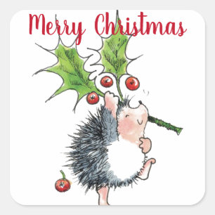 Merry Christmas Holly Hedgehog Square Sticker