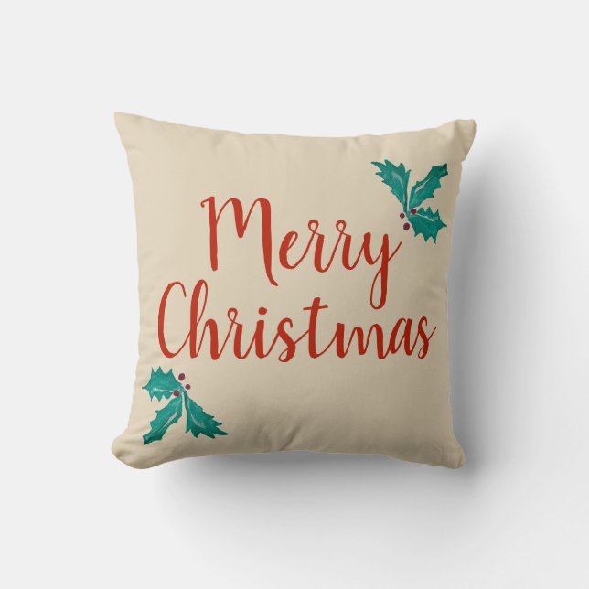 Merry Christmas Holly Ivy VintageRed Beige Holiday Cushion (Front)
