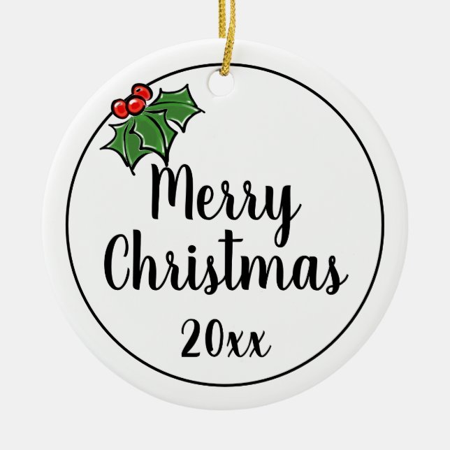 Merry Christmas holly leaves berries Ceramic Tree Decoration (Front)