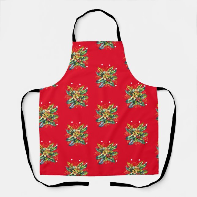 Merry Christmas Holly Leaves Berries Flowers Red Apron (Front)