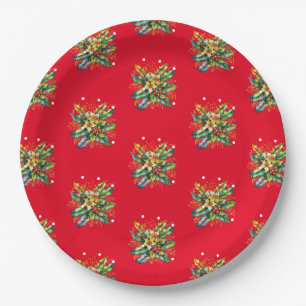 Merry Christmas Holly Leaves Berries Flowers Red Paper Plate