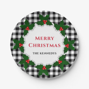 Merry Christmas  Holly Leaves Black Plaid Paper Plate