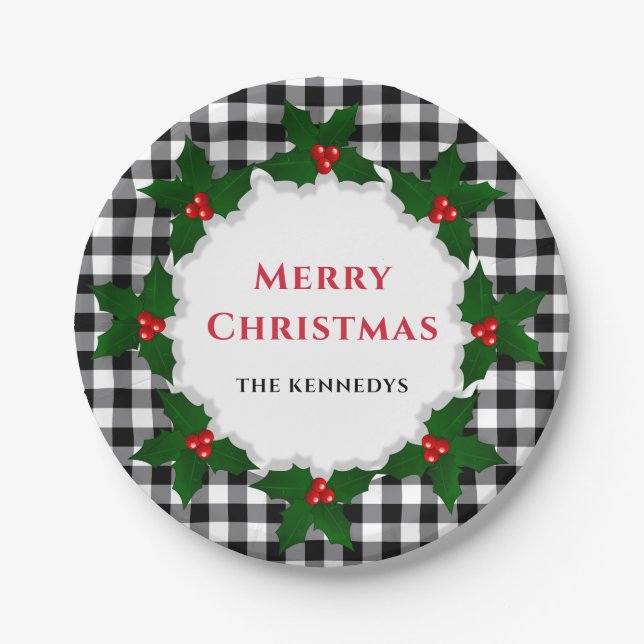 Merry Christmas  Holly Leaves Black Plaid Paper Plate (Front)