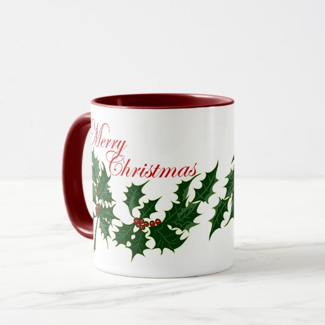 Merry Christmas Holly Leaves Mug (Front Left)