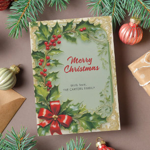 Merry Christmas Holly Leaves Red Ribbon Frame Holiday Card
