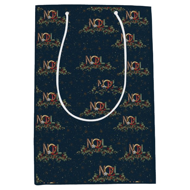 Merry Christmas Holly Noel Snowflake Gold Red Blue Medium Gift Bag (Front)