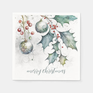 Merry Christmas Holly Ornaments Christmas Holiday Napkin