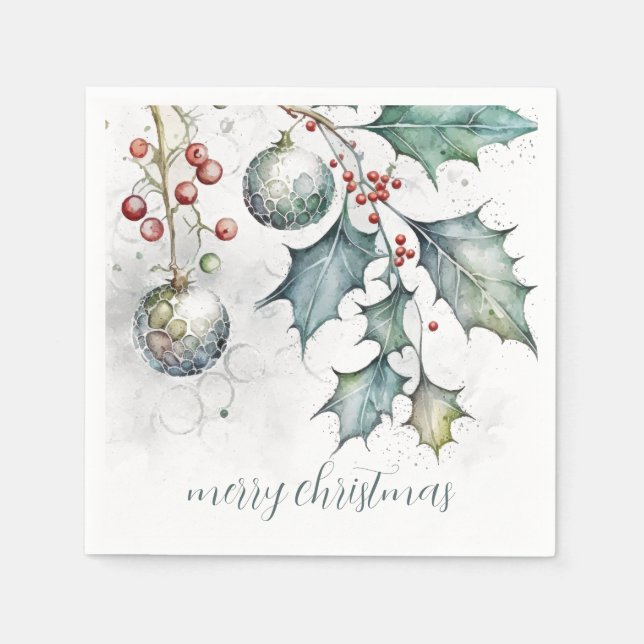 Merry Christmas Holly Ornaments Christmas Holiday Napkin (Front)