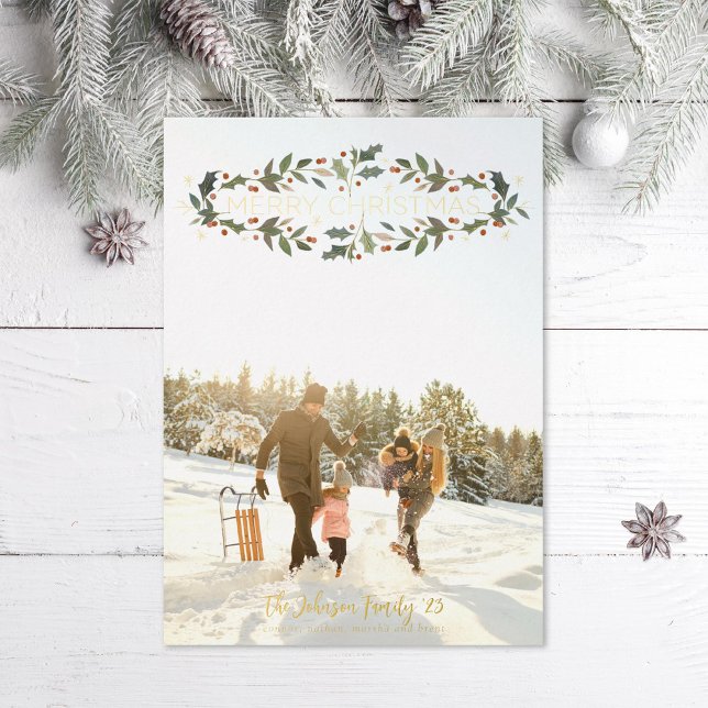 Merry Christmas Holly Photo Foil Holiday Card (Creator Uploaded)