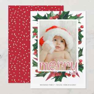 Merry Christmas Holly Photo Personalised Holiday Card