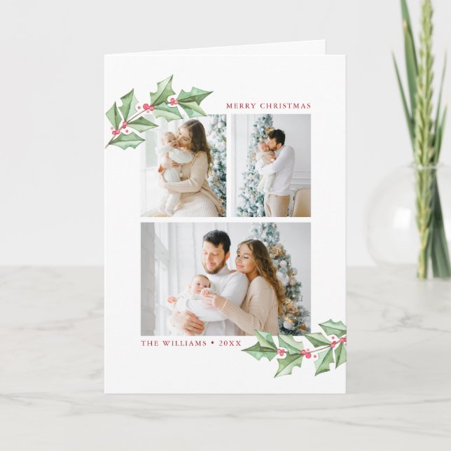 Merry Christmas Holly Photos Holiday Card (Front)
