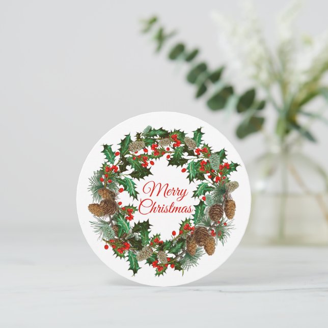 Merry Christmas Holly & Pine Wreath Card (Standing Front)