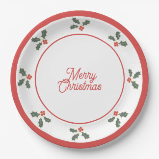 Merry Christmas Holly Plate Red and White