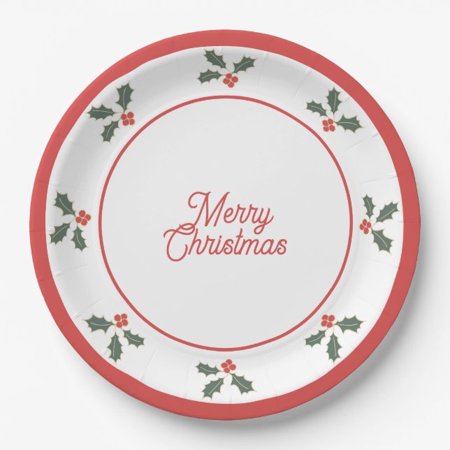 Merry Christmas Holly Plate Red and White (Front)