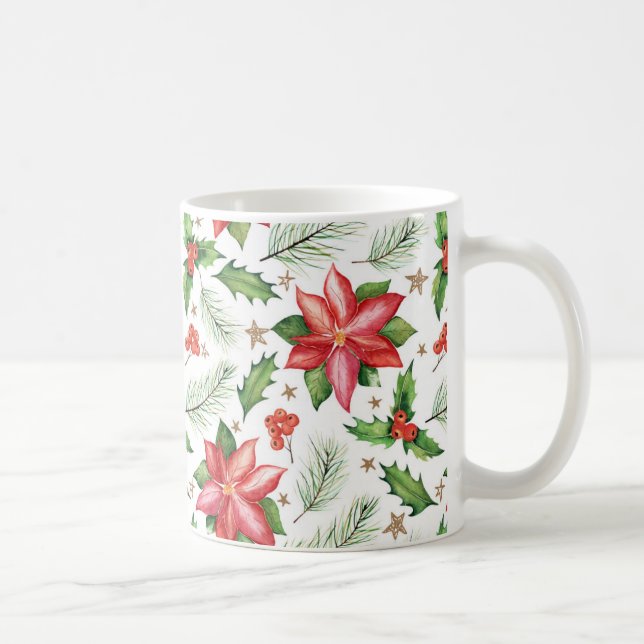 Merry Christmas Holly Poinsettia Flower Holiday Coffee Mug (Right)
