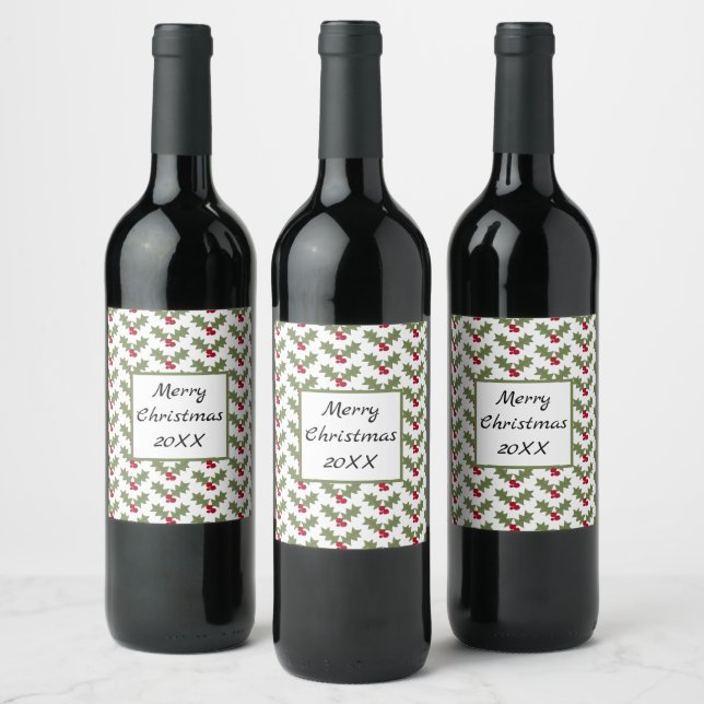 Merry Christmas Holly Red Berries Green Leaves  Wine Label (Bottles)