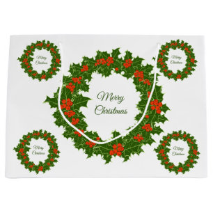 Merry Christmas holly red berry wreath   Large Gift Bag