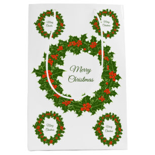 Merry Christmas holly red berry wreath   Medium Gift Bag
