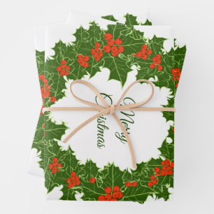 Merry Christmas holly red berry wreath  Wrapping Paper Sheet